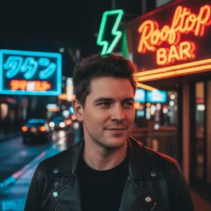 A nighttime portrait of a man lit by neon signs on a city street. - Google Nano Banana (2.5 Flash)