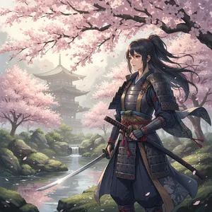 An anime-style portrait of a samurai standing under pink cherry blossoms. - Google Nano Banana (2.5 Flash)