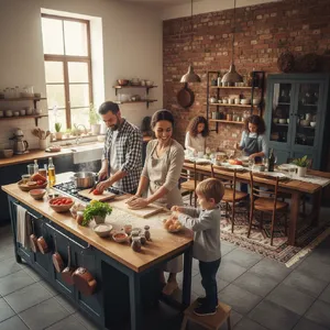 A family cooking together in a kitchen, each person busy with a different task. - Google Nano Banana (2.5 Flash)