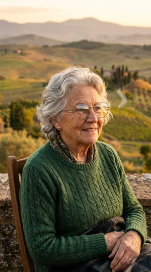 A ultra high-resolution portrait of an elderly woman with silver hair and bifocal glasses, each lens reflecting a distant landscape, captured in warm late-afternoon sunlight - Google Nano Banana 2