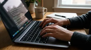 A person typing on a laptop keyboard, showing both hands on the keys. - Google Nano Banana 2