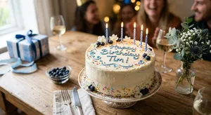 A birthday cake with icing that spells 