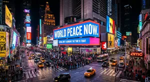 A large storefront billboard at Times Square displaying the slogan “WORLD PEACE NOW” in bold, clear letters, amidst a vibrant cityscape at night. - Google Nano Banana 2