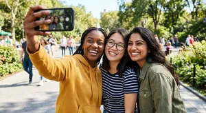 A group selfie of three friends of different ethnic backgrounds smiling at the camera. - Google Nano Banana 2