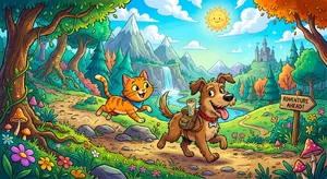 A cartoon of a cat and a dog on an adventure, drawn in a colorful 2D style. - Google Nano Banana 2