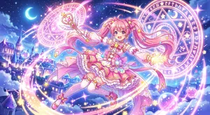 A magical girl character in a frilly dress, casting a spell (classic anime trope). - Google Nano Banana 2