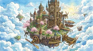 A floating steampunk castle in the sky with intricate mechanical gears and cherry blossom trees, illustrated in Hayao Miyazaki's Castle in the Sky (1986) art style with watercolor textures and detailed line work. - Google Nano Banana 2