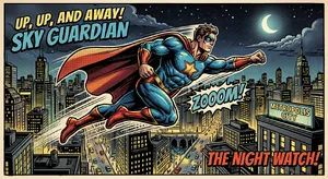 A comic-book style superhero flying over a city at night, with halftone shading. - Google Nano Banana 2