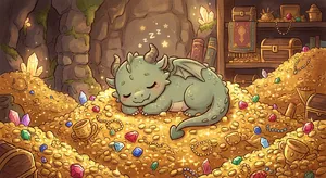 A cute chibi-style dragon sleeping on a pile of gold. - Google Nano Banana 2