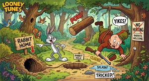 A Looney Tunes-inspired cartoon scene of a clever rabbit tricking a hunter. - Google Nano Banana 2