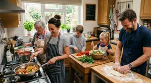 A family cooking together in a kitchen, each person busy with a different task. - Google Nano Banana 2