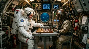 An astronaut and a deep-sea diver playing chess together inside a submarine. - Google Nano Banana 2