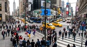 A busy city intersection with cars, pedestrians, and street performers all in one frame. - Google Nano Banana 2