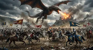 A medieval battlefield with knights on horseback and a dragon flying overhead. - Google Nano Banana 2