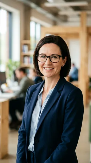 A professional headshot of a businesswoman wearing glasses, against a blurred background. - Google Nano Banana 2
