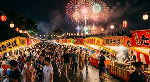 A nighttime festival with fireworks in the sky, food stalls lined up, and crowds mingling. - Google Nano Banana 2