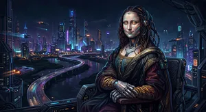 The Mona Lisa reimagined as a futuristic android, rendered in a digital art style that preserves Da Vinci's composition while incorporating sleek cyberpunk aesthetics and technological elements. - Google Nano Banana 2