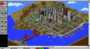 Pixel art cityscape of San Francisco in the iconic SimCity 2000 style, isometric view, detailed skyscrapers, residential areas, clearly identifiable Golden Gate Bridge, Coit Tower, Transamerica Pyramid, surrounded by the classic SimCity 2000 UI elements - Google Nano Banana 2