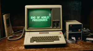 Vintage Apple II computer with green monochrome CRT screen, displaying 'END OF WORLD PROCEDURES' in green text. Two external floppy drives stacked on the right, labeled disk II with rainbow Apple logos. Beige casing, black background, retro aesthetic. - Google Nano Banana 2