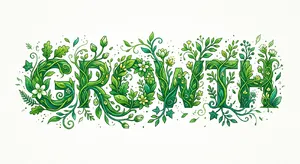 The word 'GROWTH' visualized using stylized plant vines organically forming the letters, green tones, white background, graphic design. - Google Nano Banana 2