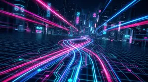 Abstract background graphic, cyberpunk aesthetic, neon pink/blue light trails on dark grid, sense of digital speed, for desktop wallpaper. - Google Nano Banana 2
