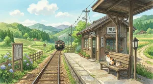 A countryside train station with a cat waiting on a bench. Rendered in Studio Ghibli animation style with Miyazaki's watercolor backgrounds and hand-drawn quality. - Google Nano Banana 2