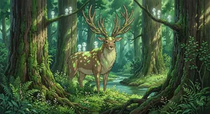 A forest spirit standing among tall trees. Replicate the artistic style of 'Princess Mononoke' by Studio Ghibli, with Miyazaki's detailed environments and mystical creature design. - Google Nano Banana 2