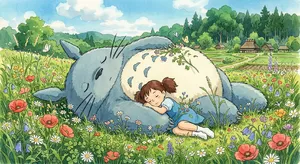 A girl and a giant fluffy creature napping in a wildflower meadow. Reproduce the art style of 'My Neighbor Totoro' by Studio Ghibli, with Miyazaki's soft character designs. - Google Nano Banana 2