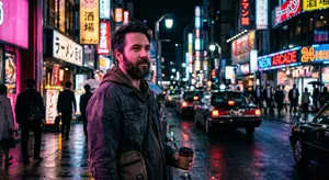 A nighttime portrait of a man lit by neon signs on a city street. - Google Nano Banana 2
