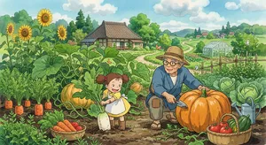 A child and elder tending oversized vegetables in a garden. Reproduce the artistic style of Studio Ghibli, with their distinctive character proportions and detailed plant illustrations. - Google Nano Banana 2