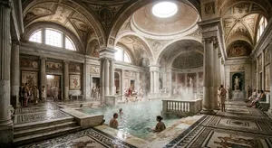 An ancient Roman bathhouse interior with accurate architectural details - marble columns, mosaic floors, arched ceilings, and steam rising from pools. Natural light from oculus openings. - Google Nano Banana 2
