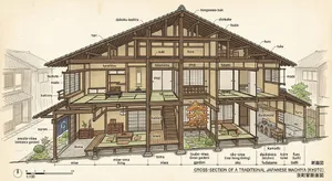 Cutaway architectural drawing of a traditional Japanese machiya townhouse showing all rooms and structural elements. Include accurate proportions, traditional joinery, and typical spatial organization. - Google Nano Banana 2
