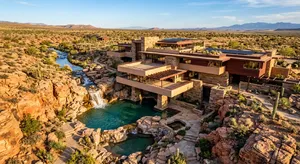 Aerial view of a modernist desert home, in the style of Frank Lloyd Wright's Fallingwater but adapted to desert conditions. Show integration with rocky landscape and water features. - Google Nano Banana 2