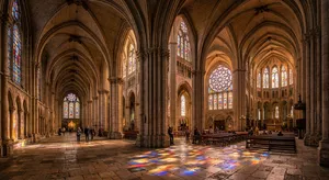 A Gothic cathedral interior at sunset with light streaming through detailed stained glass windows, creating colored patterns on stone floors and columns. Show accurate ribbed vaulting. - Google Nano Banana 2