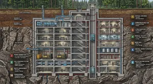 Cross-section rendering of a multi-level underground bunker with different functional areas, structural support systems, ventilation, and power generation facilities visible. - Google Nano Banana 2
