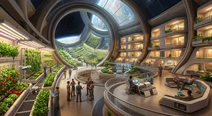 Interior of a futuristic space habitat with hydroponics gardens, communal areas, and living quarters. Show curved walls, artificial gravity considerations, and multipurpose furniture designs. - Google Nano Banana 2