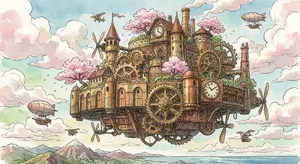 A floating steampunk castle in the sky with intricate mechanical gears and cherry blossom trees, illustrated in Hayao Miyazaki's Castle in the Sky (1986) art style with watercolor textures and detailed line work. - Google Nano Banana Pro