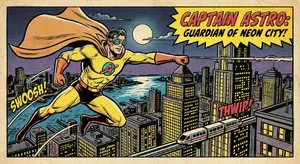 A comic-book style superhero flying over a city at night, with halftone shading. - Google Nano Banana Pro