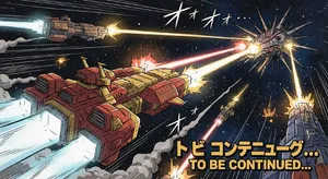 A 90s anime-style space battle scene with giant starships and laser beams. - Google Nano Banana Pro