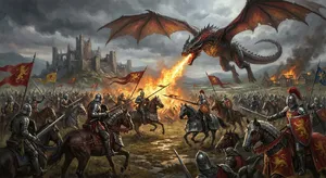 A medieval battlefield with knights on horseback and a dragon flying overhead. - Google Nano Banana Pro