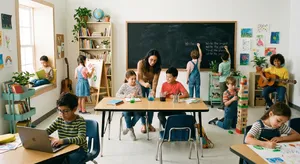 A school classroom of children and a teacher, each student engaged in a different activity. - Google Nano Banana Pro