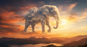 An elephant made of clouds floating in a sunset sky, rendered in a surrealist photorealistic style with ethereal golden lighting and atmospheric depth. - Google Nano Banana Pro