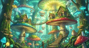 A forest of giant mushrooms with houses built on top of them, rendered in a whimsical Studio Ghibli-inspired art style with vibrant colors and fantastical details. - Google Nano Banana Pro