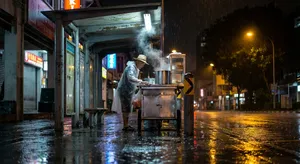 Rain-slicked Singapore street, 3 AM. A lone elderly hawker cleans his cart under one flickering fluorescent light. Steam rises gently. Low-angle shot, photorealistic - Google Nano Banana Pro