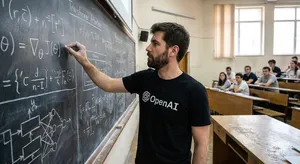 Photorealistic depiction of a man wearing a clearly visible black OpenAI-branded T-shirt. He is standing at the front of a university lecture hall, writing complex mathematics and AI-related equations across a large, dusty chalkboard filled with notation - Google Nano Banana Pro