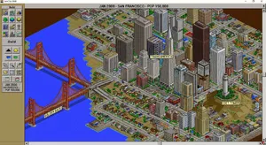 Pixel art cityscape of San Francisco in the iconic SimCity 2000 style, isometric view, detailed skyscrapers, residential areas, clearly identifiable Golden Gate Bridge, Coit Tower, Transamerica Pyramid, surrounded by the classic SimCity 2000 UI elements - Google Nano Banana Pro