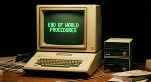 Vintage Apple II computer with green monochrome CRT screen, displaying 'END OF WORLD PROCEDURES' in green text. Two external floppy drives stacked on the right, labeled disk II with rainbow Apple logos. Beige casing, black background, retro aesthetic. - Google Nano Banana Pro