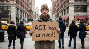 Photorealistic daytime street photograph, clearly showing a man standing still on a busy urban street corner holding a rectangular cardboard sign clearly facing camera, handwritten bold black marker text clearly readable as 