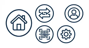 Set of 5 consistent flat design icons for a mobile banking app: 'Home', 'Transfer', 'Account', 'Scan QR', 'Settings'. Monochrome dark blue. - Google Nano Banana Pro