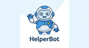 Simple flat vector mascot: friendly smiling robot character 'HelperBot', approachable design, primarily blue and white. - Google Nano Banana Pro